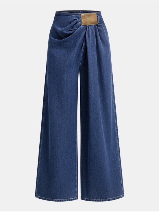 Commense Denim - Commense asymmetrical ruched denim wide-leg pants